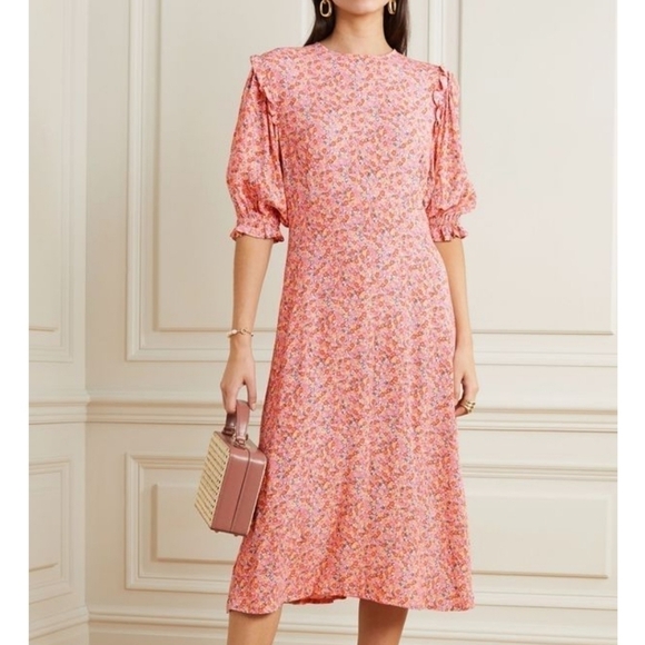 Faithfull The Brand Jean Marie Betina Floral Print Cobalt Blue Midi Dress Size 8 - Picture 3 of 17